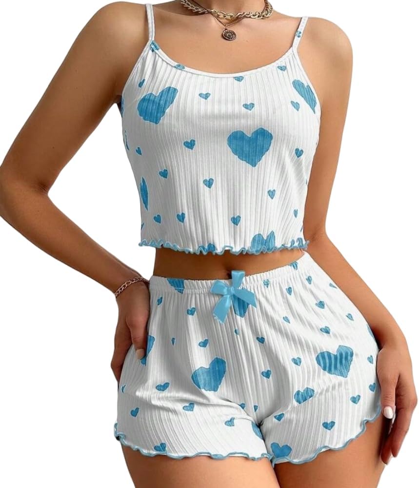 Sexy 2 Piece Pajama Set for Women Summer Loungewear Set Cute Short Cami and Shorts Ribbed Sleepwear Set