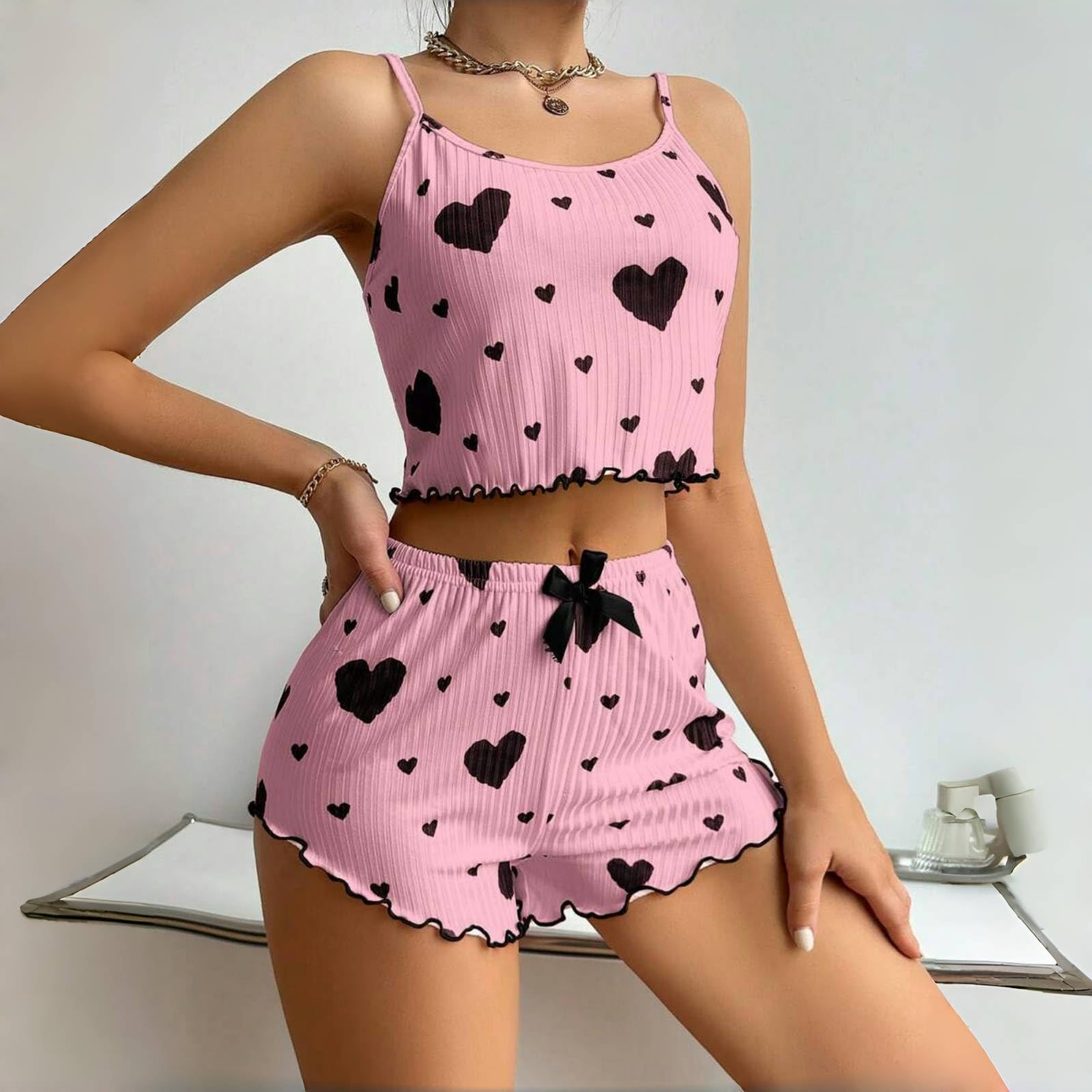Sexy 2 Piece Pajama Set for Women Summer Loungewear Set Cute Short Cami and Shorts Ribbed Sleepwear Set