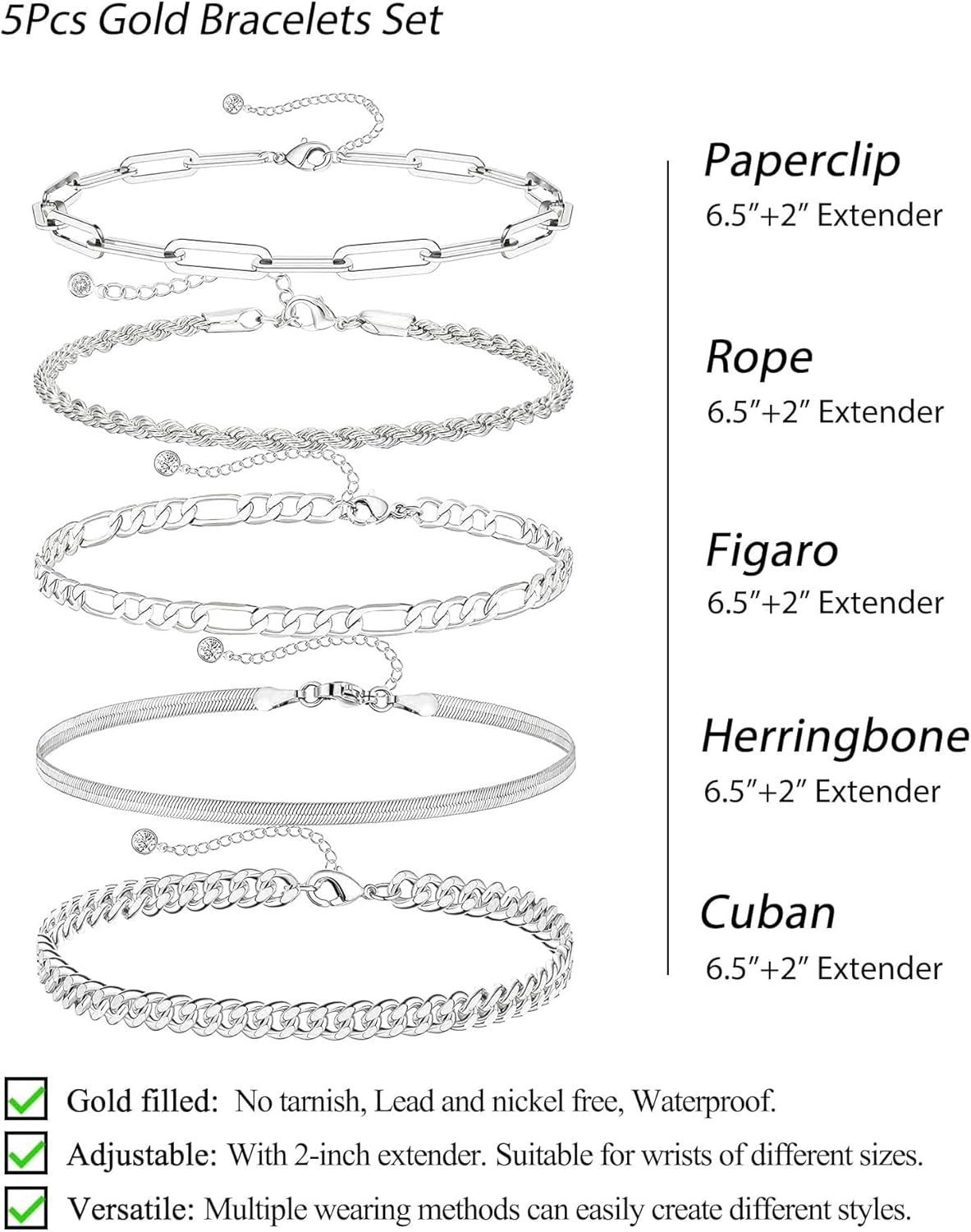 14K Gold Bracelet Set for Women - Fashion Thin Chain Stackable Cuban Link Paperclips Fashion Accessories for Women Gifts